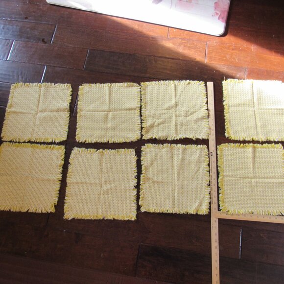 Cloth Fabric Napkins Set of 8 10 inches Yellow White Checker Fringe Vintage Good - Picture 7 of 13